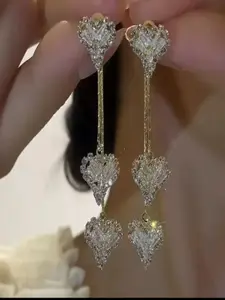 Silver Color Heart-Shaped Zirconia Tassel Dangle Earrings, Dual-Wear Luxury Statement Jewelry, Trendy Year-Round Accessory