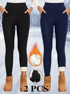 Women's Soft Fleece Lined Winter Leggings Pants with Pockets, High Waist Slim Fit, Plain Color, Casual Comfort for Fall & Winter, Womenswear