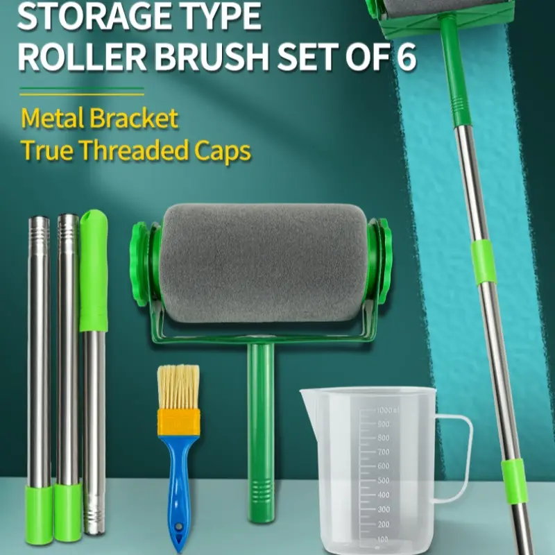 6-Piece Seamless Paint Roller Set, Includes 1m Stainless Steel Telescopic Rod, Edge Brush, Paint Bucket, Ideal for DIY Indoor Painting