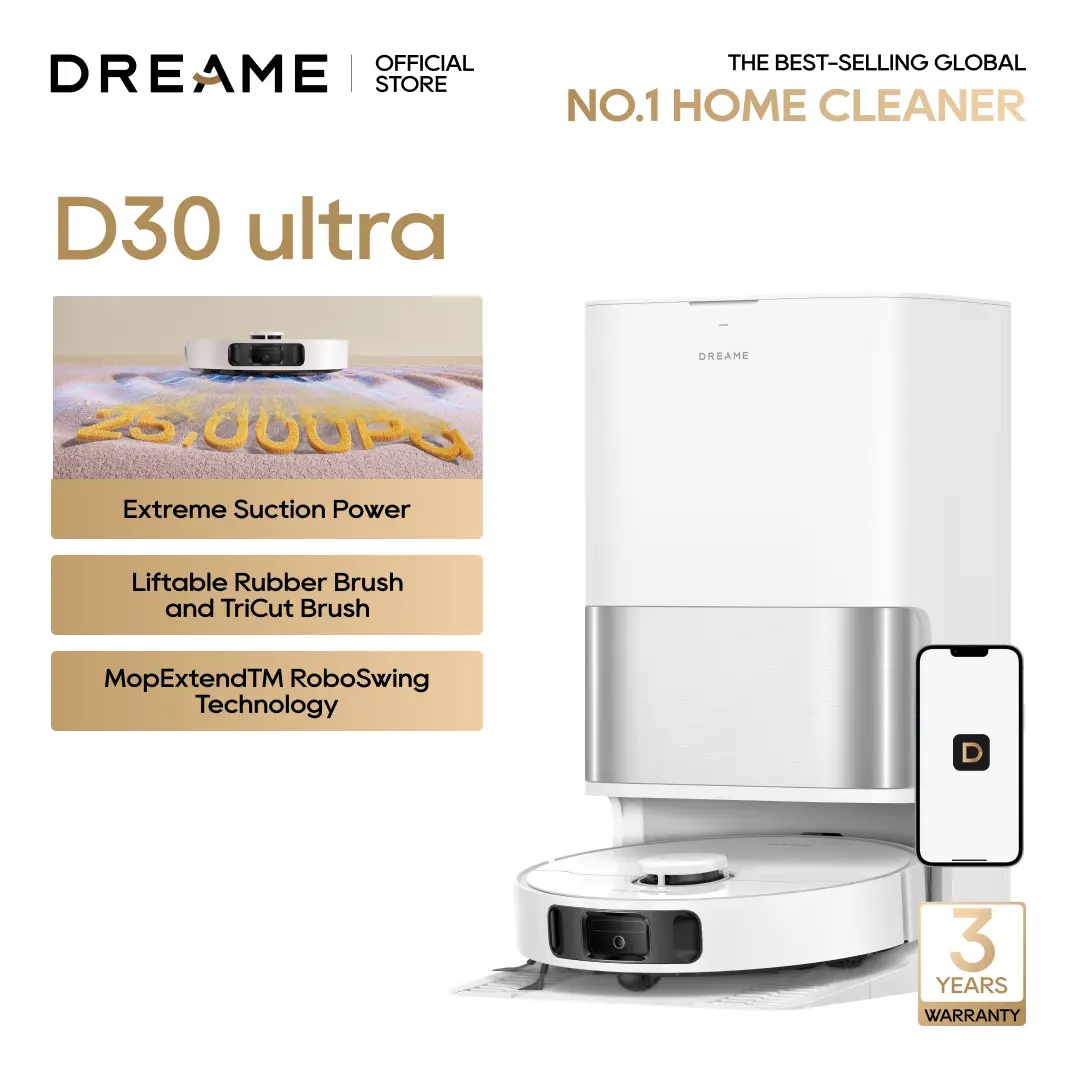 DREAME D30 Ultra Elite Robot Vacuum and Mop, 25,000Pa Powerful Suction, All-in-One Base Station with 100 Days Auto-Empty, MopExtend Tech for Edge Cleaning, Smart Obstacle Avoidance, White