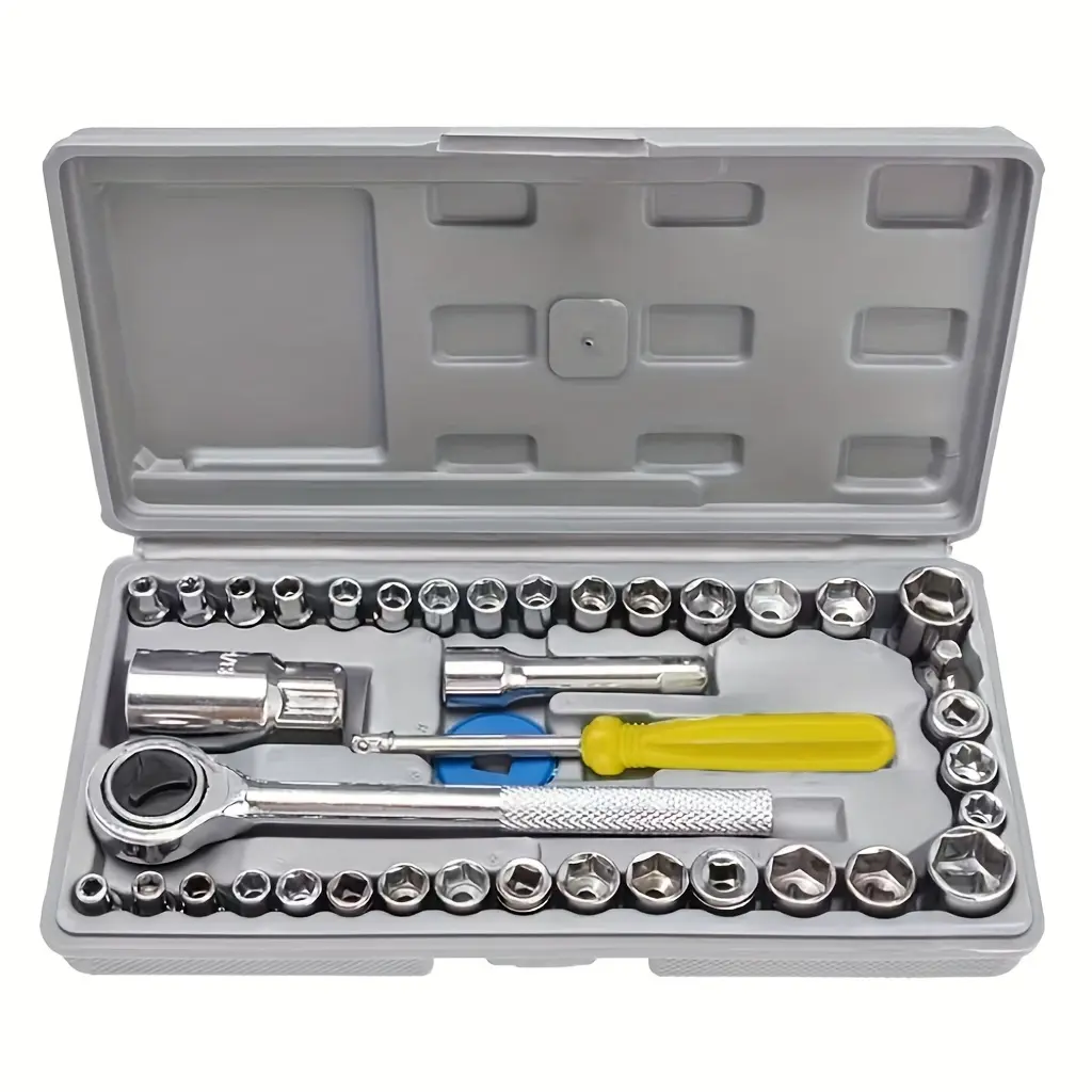Carbon Steel 40-Piece Ratchet Socket Wrench Set with Storage Case - 1/4-Inch & 3/8-Inch Drive SAE, Metric Sockets, Spinner Handle, Extension Bar for Auto/Motorcycle Bolt Tightening, Repair Tasks