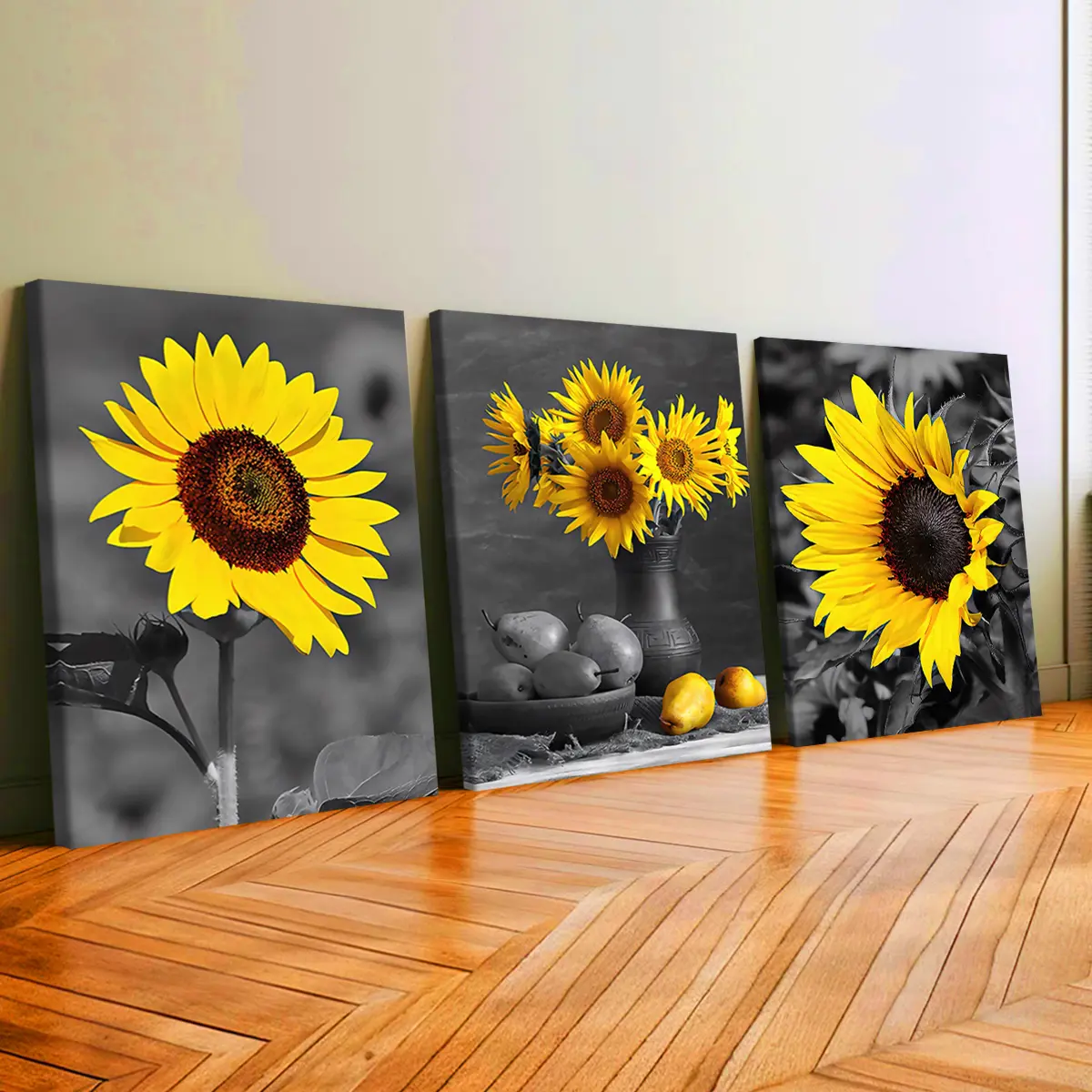 3Pcs Wooden-Framed Canvas Print Set - Artistic Yellow Sunflower & Pear Still Life, Odorless Decoration, Fruit & Flower Print Ornamental Wall Arts, Living Room Decor, Indoor Wall Art for Living Room Bedroom, 30*40cm(11.8*15.7inch)