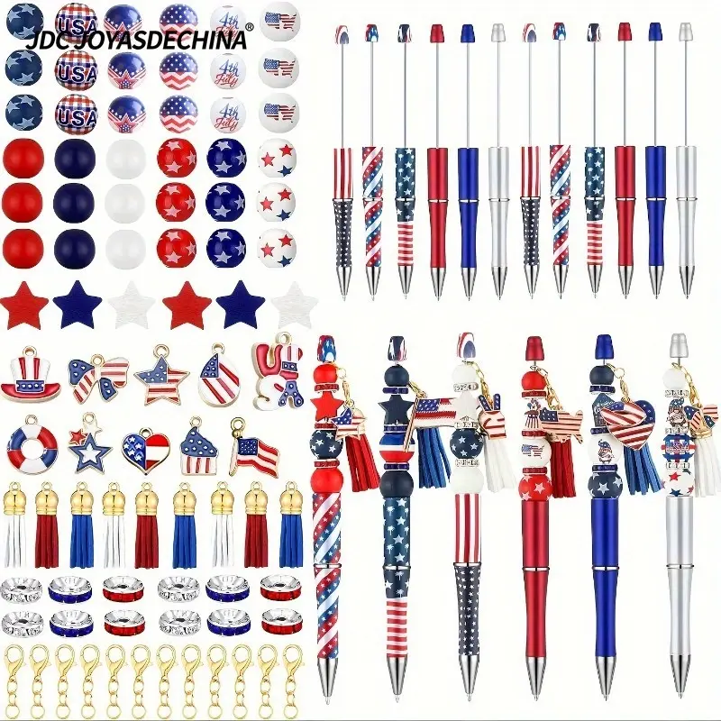 170/85pcs independence Day Beadable Pens Set DIY Craft Kit with American Flag, Star Beads, Tassels, Pendants, DIY Bead Pen for Office, Students, back to school, perfect for Independence Day decoration and gifts