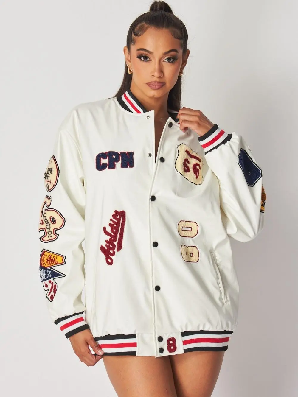 Women's All-Star Patch Bomber Jacket - Stylish Statement Outerwear, Patchwork Tops, Ribbed Striped Matching Casual Streetwear Clothes