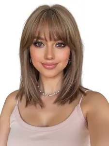 14 Inch Bobo Bangs Straight Synthetic Hair Wig, Natural Comfortable Wear, Easy Maintenance, Suitable for All Ages, Straight Bob Wigs