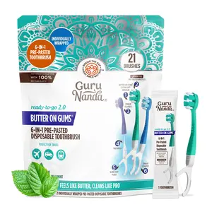 GuruNanda 6-in-1 Ready-to-Go Pre-Pasted Butter on Gums Mini Travel Toothbrush with Floss & Toothpick, No Rinsing Needed, Individually Wrapped & TSA Friendly, 21 Ct