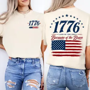Women's Short-Sleeve 1776 Patriotic Statement T-Shirt, Distressed USA Flag Vintage Apparel, Breathable Lightweight Everyday Top - Lemy USA