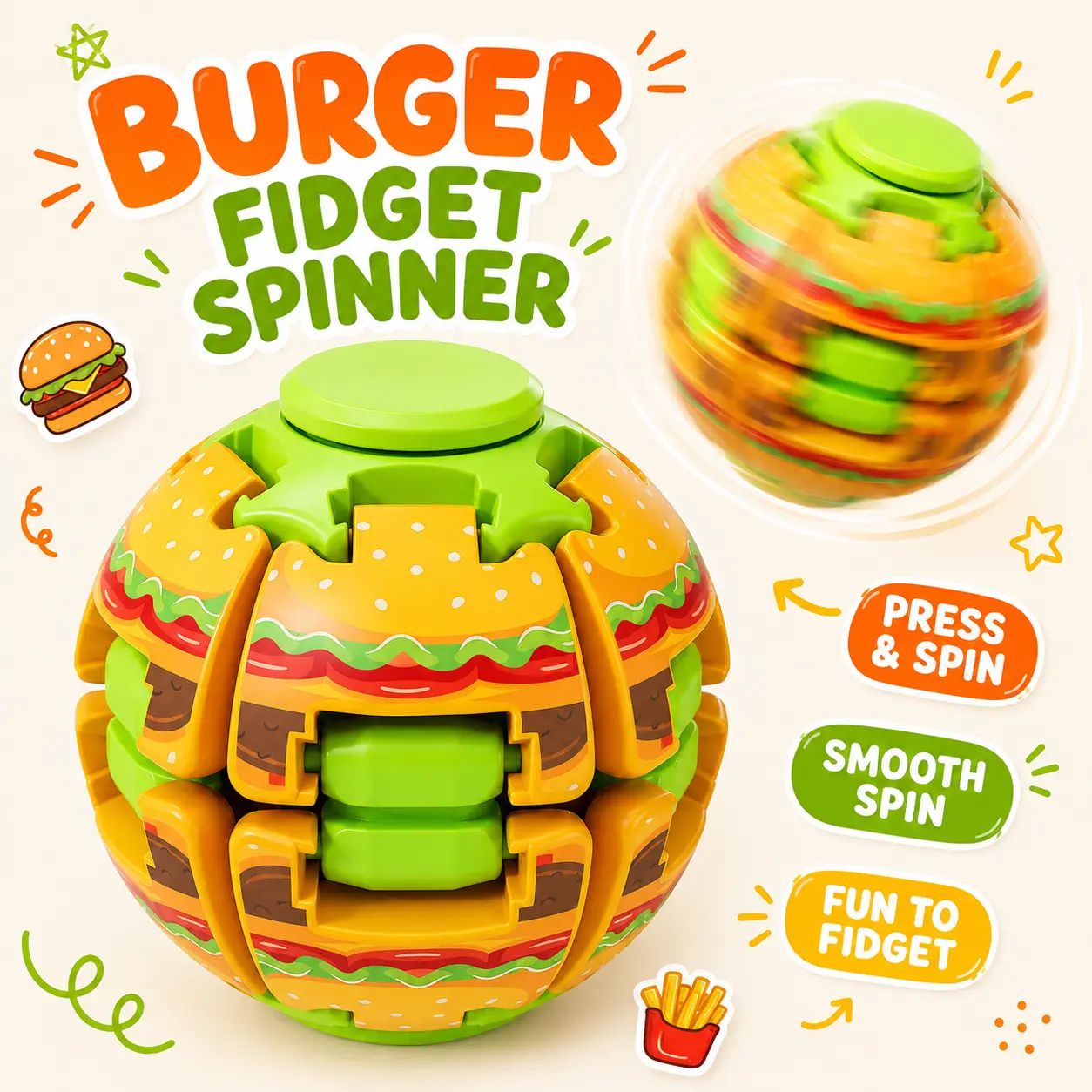 Burger Fidget Spinner Ball - 1-Hand Thumb & Finger Press Spinning Toy, Compact Sensory Desk Stress Relief Toy for Kids, Adults