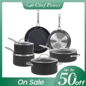 Chef Power Durable Hard Anodized Nonstick Cookware Sets 10 Piece with Stainless Steel Handle Pots and Pans Set Oven Broiler Safe Fry Pans, Saucepans, Griddle, Dutch Oven, Dishwasher Safe, Black Home Modern Frying Lids Induction 4 Pcs pots pans set
