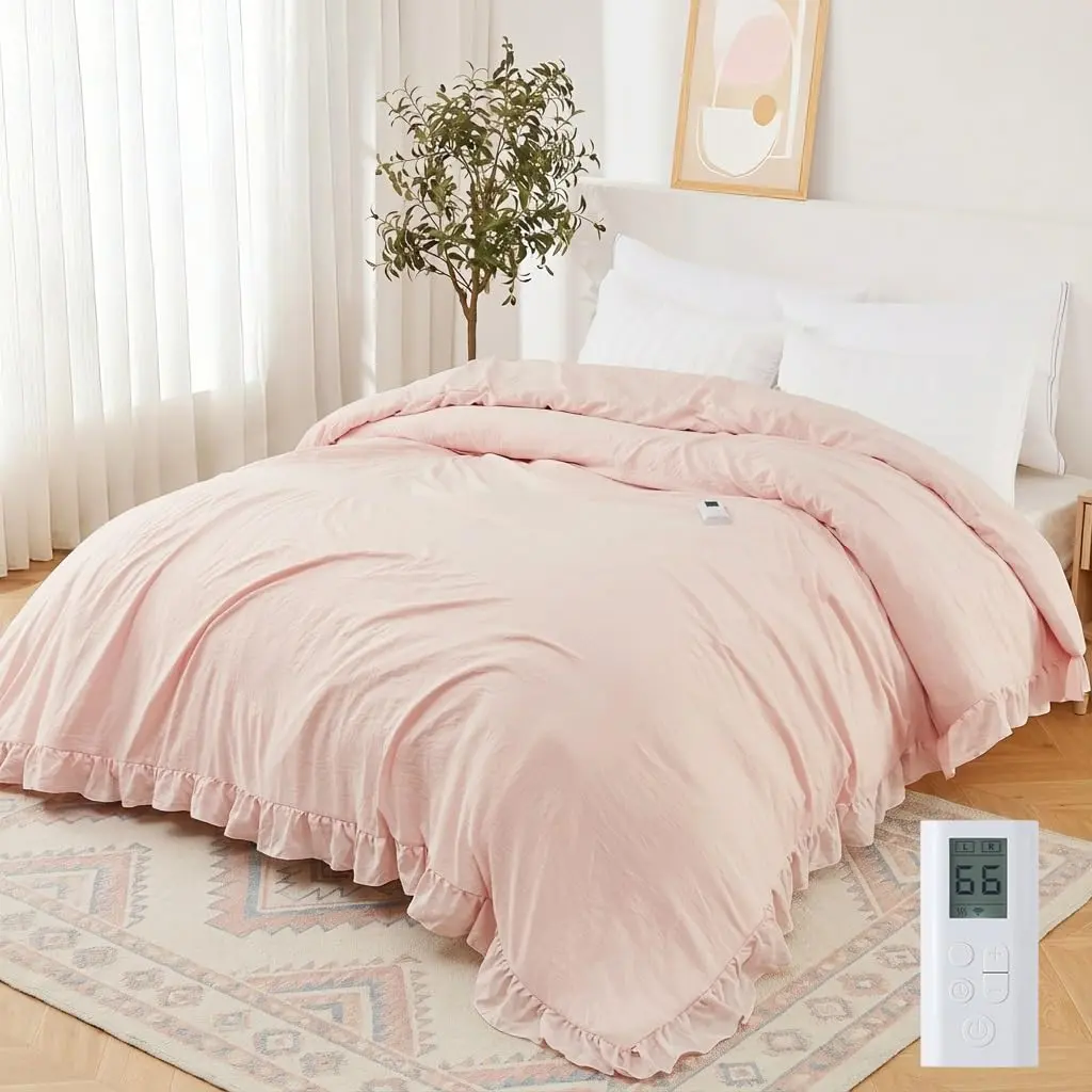 Heated Comforter Blanket King Size, Ruffle Electric Quilt with Wireless LCD Controller, Fast Heating & Overheat Protection, ETL Certified, Machine Washable (Pink, King 104"x90")