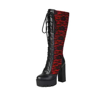 FIFSY Women's Round Toe Trendy Lace-Up Leather Knee-High Shoe - Chunky Thick Platform Rubber Sole High-Heel, Winter Cold Weather Outdoor Fun Footwear