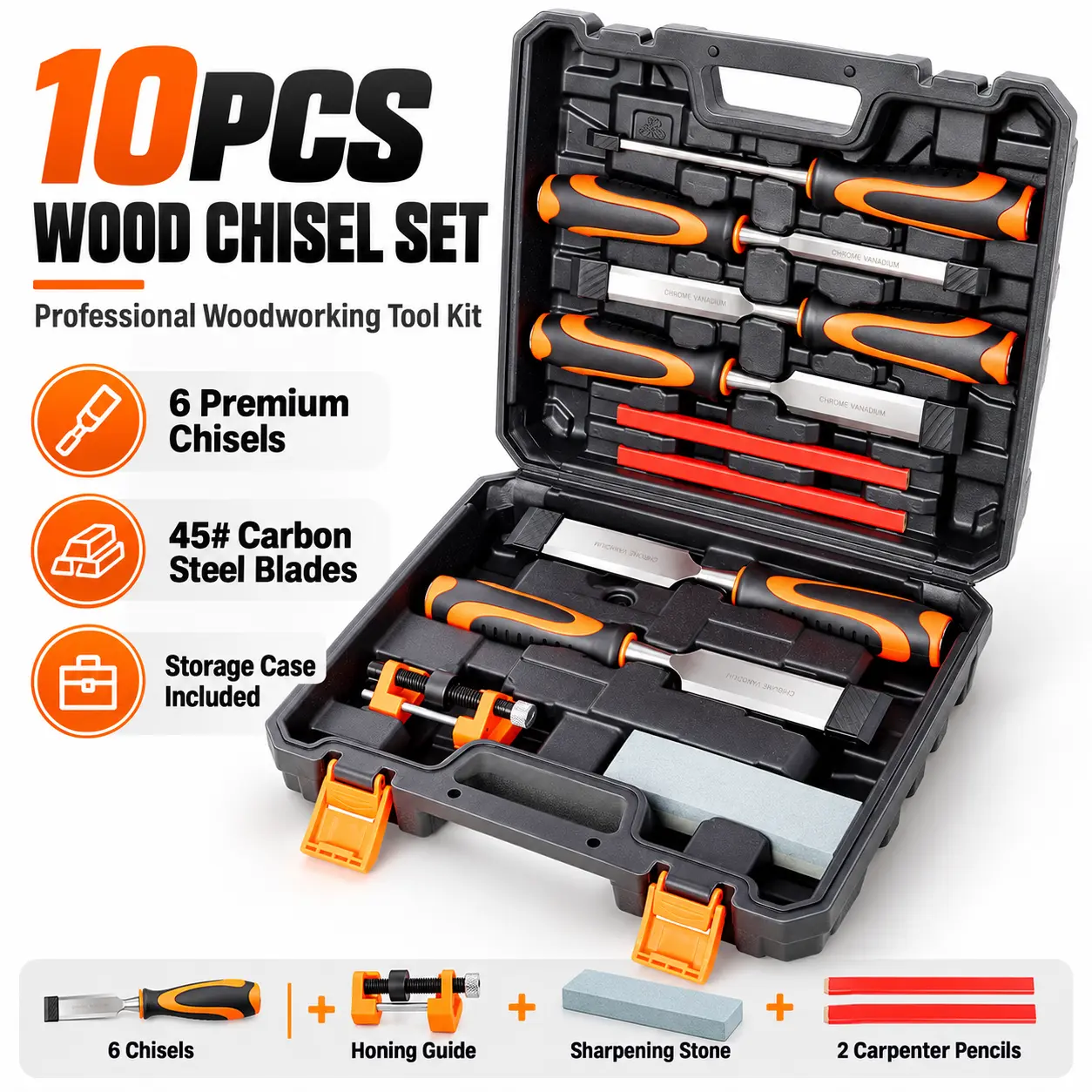 10PCS Professional Wood Chisel Set with Storage Case, 6 Carbon Steel Chisels Kit for Woodworking, DIY Crafts & Repairs