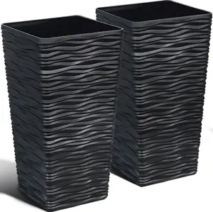 DAVYLINE 2-Pack Black Tall Tree Planter - Plastic Square Tapered Plant Pots for Indoor Outdoor - 22" H - Modern Wavy Finish Decorative for Patio Deck