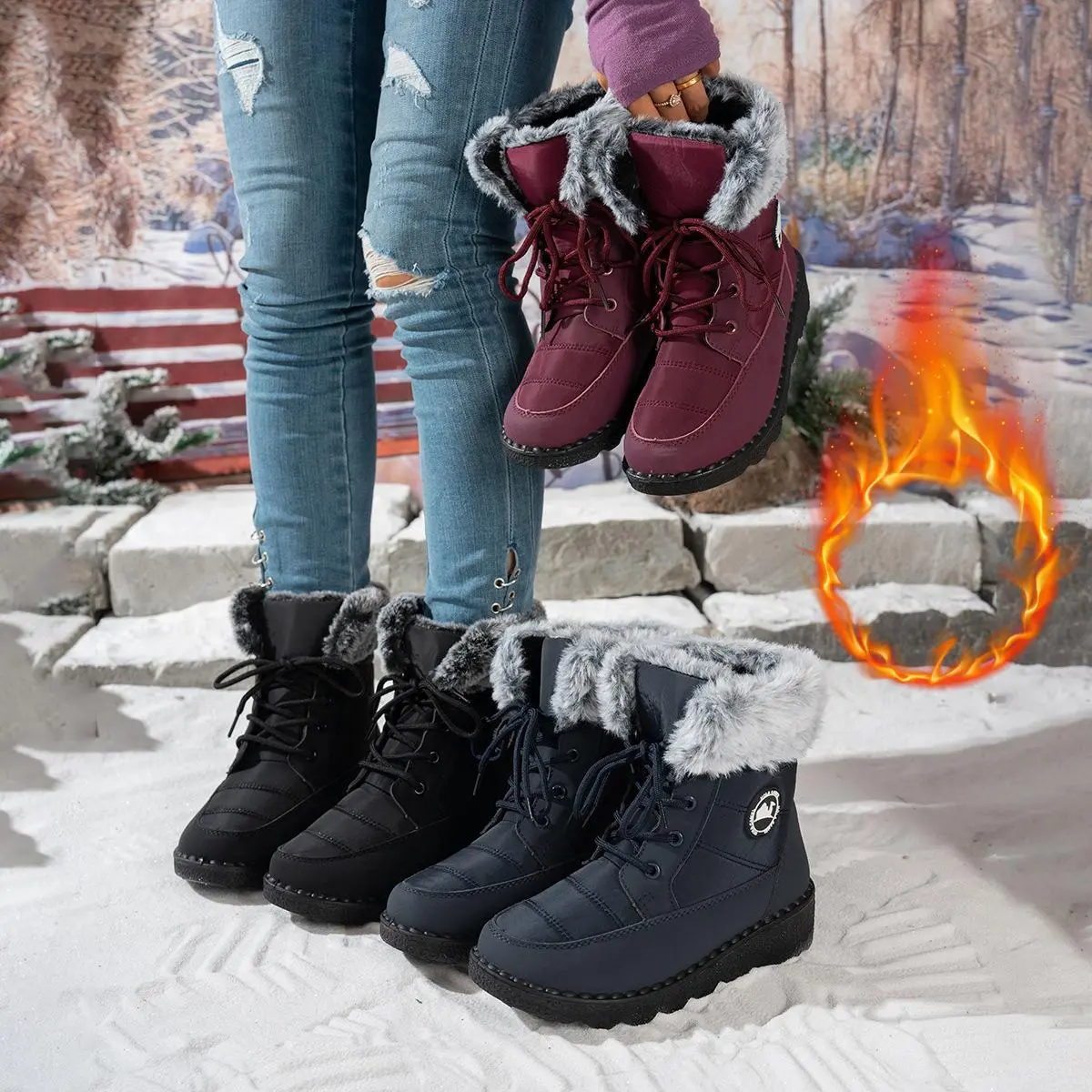 Women's Snow Boots Insulated Waterproof Winter for Women Warm Fur Lined Booties High-heeled Lace-Up Mid-Calf Design Faux Cozy Black ladies fashion style trendy stylish versatile essential comfortable daily modern