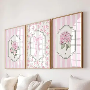 Trendy Pink Green Hydrangea Prints Set, Watercolor Grandmillennial Botanical Chinoiserie Wall Art, Coastal Granddaughter