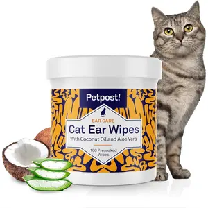 Cat Ear Cleaner Wipes - Ultra Soft Cotton Pads in Coconut Oil Solution - Treatment for Removing Cat Ear Dirt & Wax 100 ct.