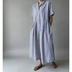 Women's Summer Short-Sleeve Striped Shirt Dress Button Down Midi-Length Straight-Fit Pure Cotton Dress