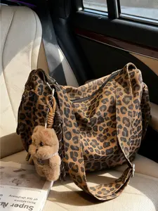 Retro Leopard Print Tote Bag Large Capacity Women Bear Charm Casual Shoulder Crossbody Bag Daily Commute Shopping Dating