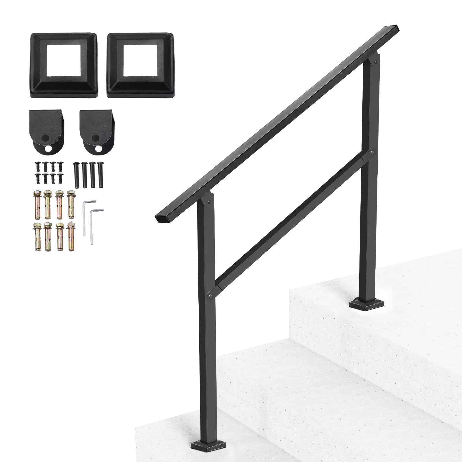 【Summerfinds】VEVOR Outdoor Handrails for Steps,2-3 Step Stair Rail KitBlack Square Tube with Horizontal BarCarbon Steel Support Rails for SeniorsConcrete & Deck StairsEasy Installation, Adjustable Steps Accessories, Nuts, Screws, Metal
