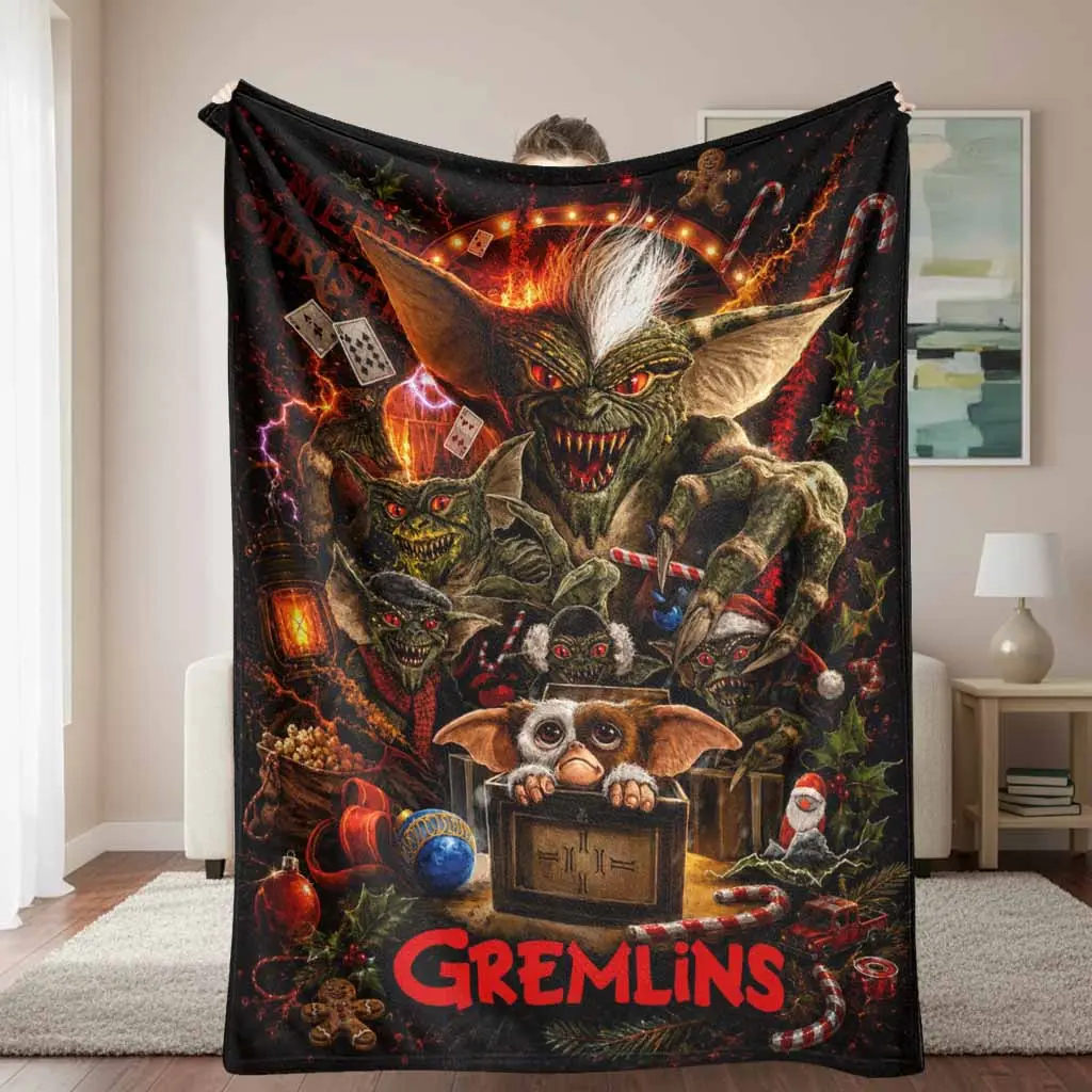 Mischievous Goblin Flannel Blanket Christmas Candy Cane Holly Lantern Print Soft Warm Lightweight Cozy Throw for Sofa Bed Movie Night Holiday Party Gift