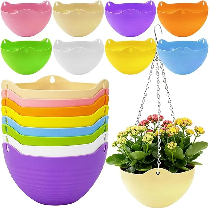 8-Piece Plastic Hanging Flower Pots Set with Hanging Chains, Stoppers, Water Screens – Ideal for Fleshy Plants, Chlorophytum Comosum, Balconies, Hanging Pots