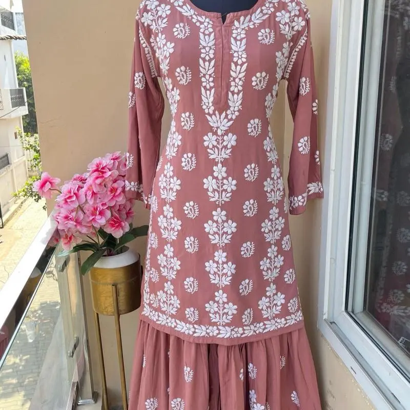 Kurti & Gharara 2pcs Co-ord Set - Lucknow Chikankari Handwork Top & Trousers, Rayon Fabric, Elegant Design, Perfect for Women's Wear, Sizes 36-44, Traditional Asian Clothes