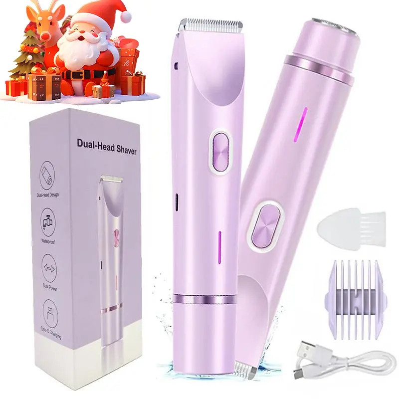 Bikini Trimmer for Women, USB Rechargeable Trimmer, Battery Powered Trimmer, Electric Shaver and Razor Rechargeable 2-in-1 Body and Facial Epilator, Dual Heads for Trimming of Pubic Hair, Face, Underarms and Legs, Summer, Christmas Gift