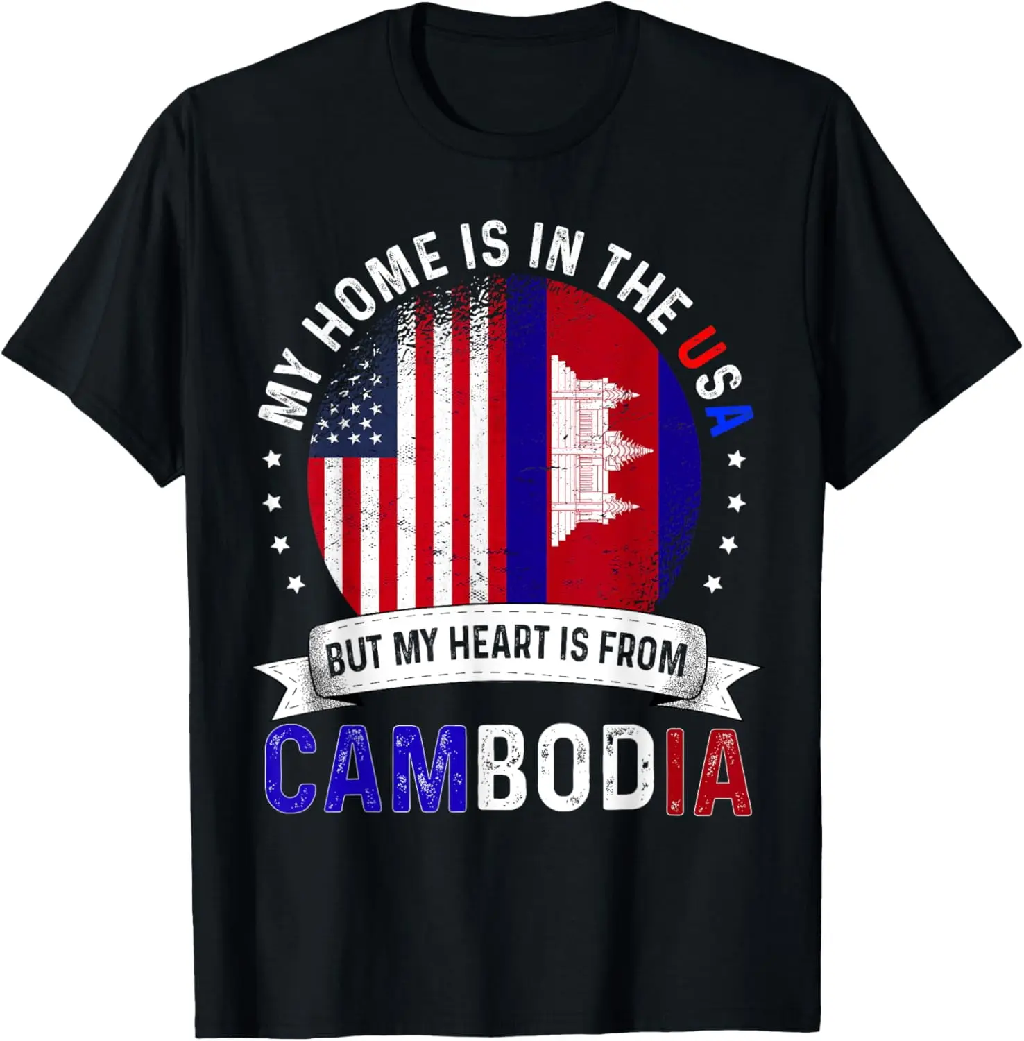 Women's Vintage Unique Graphic T-Shirt - 100% Cotton Casual Crew Neck Short Sleeve Top with Cambodian American Flag Heart Distressed Print for Everyday Wear