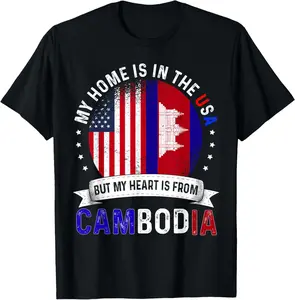 100% Cotton Cambodian American Patriot Heart is from Cambodia Flag T-Shirt