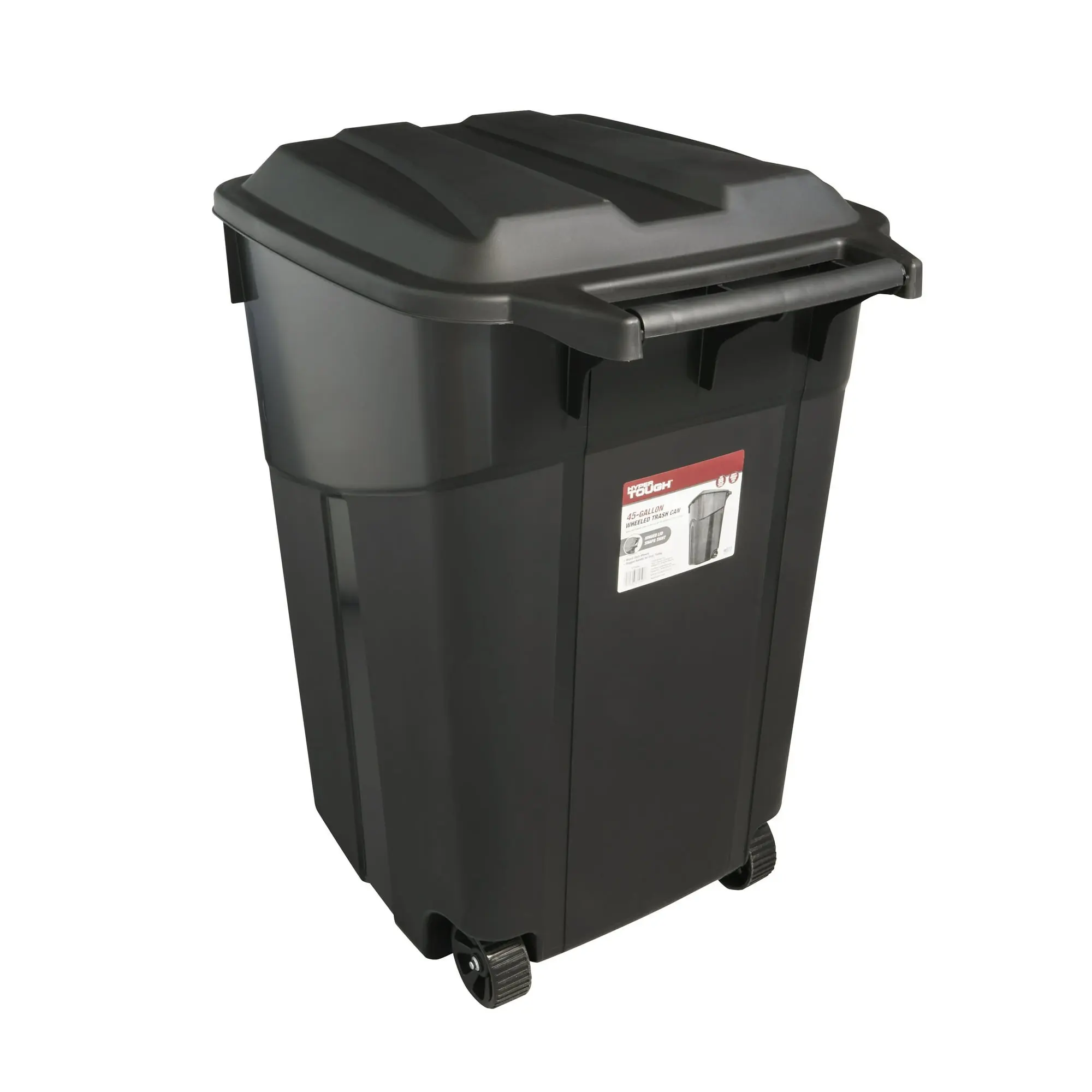 45 Gal Heavy-Duty Plastic Garbage Can - Wheeled, Attached Lid, Black, Waterproof, Heavy-Duty Portable Outdoor Dustbins