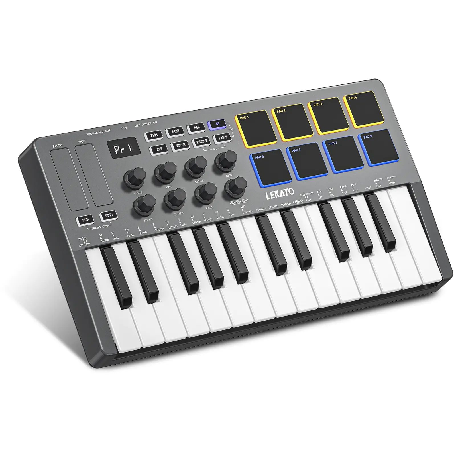 LEKATO SMK-25 Key USB MIDI Keyboard Controller, With 8 Backlit Drum Pads, Bluetooth Semi Weighted Dynamic Keybed 8 Knobs and Music Production, Smart Scales, Chords, Software Included