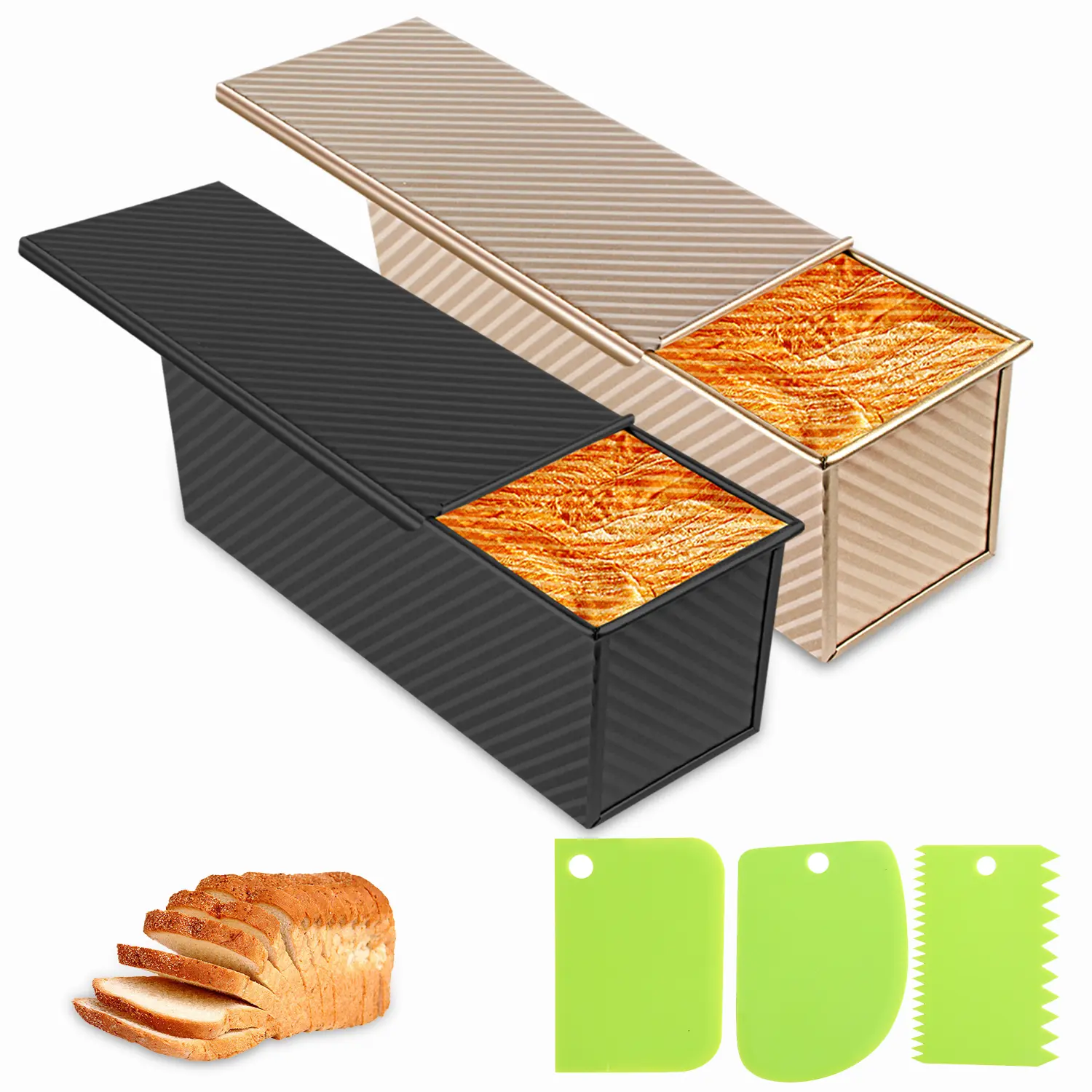 Spmarkt 2-Piece 13-Inch Gold & Black Non-Stick PFTE-Free Pullman Bread Pans with Lids & Covers, 2.2lb Capacity, Oven-Safe for Family Healthy Baking, Cover