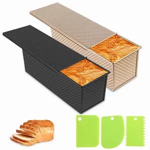 Spmarkt 2-Piece 13-Inch Gold & Black Pullman Bread Pans with Lids Non-Stick Coating PFTE-Free for Healthy Baking 2.2lb Capacity Ideal for Family Recipes