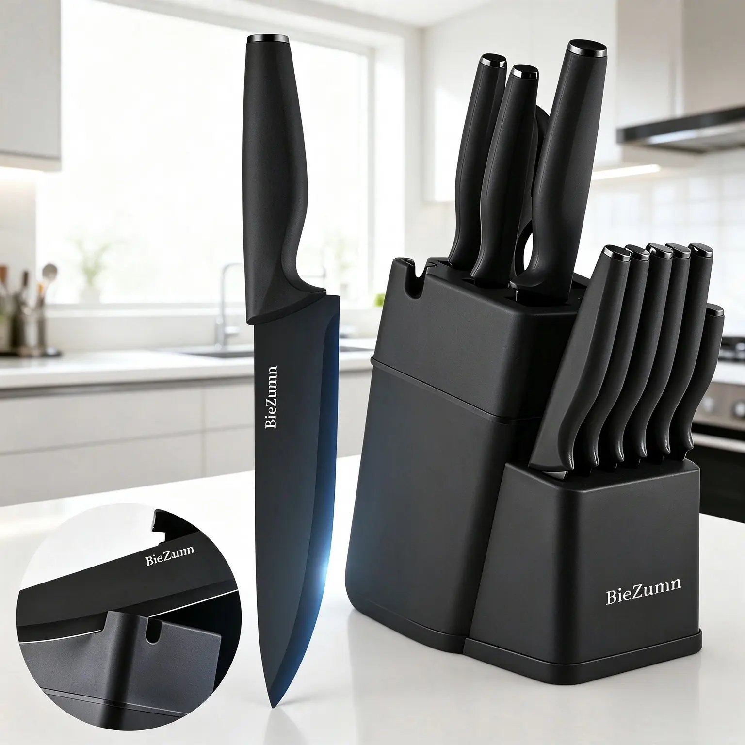 Premium 14-Piece Stainless Steel Kitchen Knife Set with Built-in Sharpener | Includes Chef Knife, Japanese Knife, Meat Cleaver, Bread Knife, Steak Knives & Scissors | Washable, Plastic Handles | Perfect Gift SetPink/Black/White