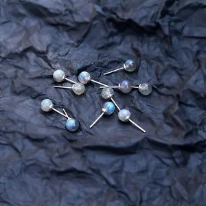 Mini Blue Moonstone 5mm Beads Sterling Silver Dainty Simple Minimalist Healing Crystal Stud Earrings