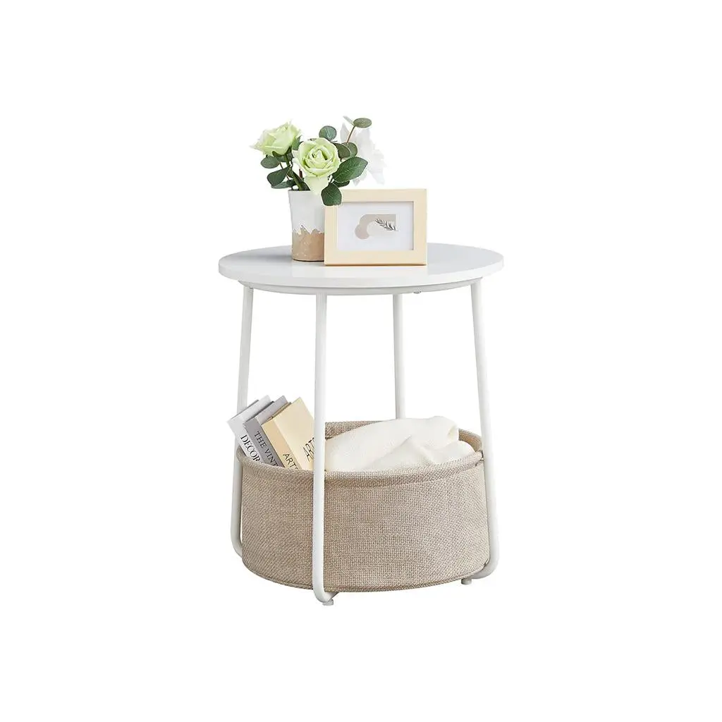 VASAGLE Modern Matte White Round-Shape Nightstand, Linen Texture Indoor Side Table with Fabric Basket, Bedroom Bedside Table