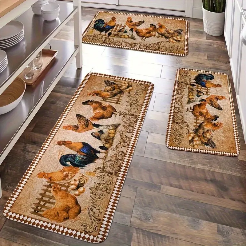 2/3pcs Farmhouse Rooster Kitchen Mat Set, Vintage Country Style Carpet, Flannel Material, Suitable for Bedroom, Living Room, Dining Room, Kitchen, Bathroom, Entrance Carpet, Floor Mat