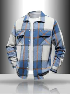 Men's Fashion Plaid Checkered Jacket Casual Hot Selling Coat, Long Sleeve Fitted Shirt with Pockets, Autumn Winter Essential Outerwear, No Tee Inside
