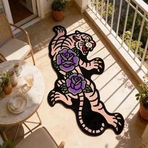 Creative Rose Tiger Print Rug, Foldable Plush Carpet for Living Room Bedroom, Easy Care Large Area Mat for Home Hotel