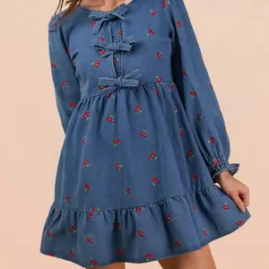 Cherry Denim Dress with Embroidered Cherries and Ruffle Hem for Women