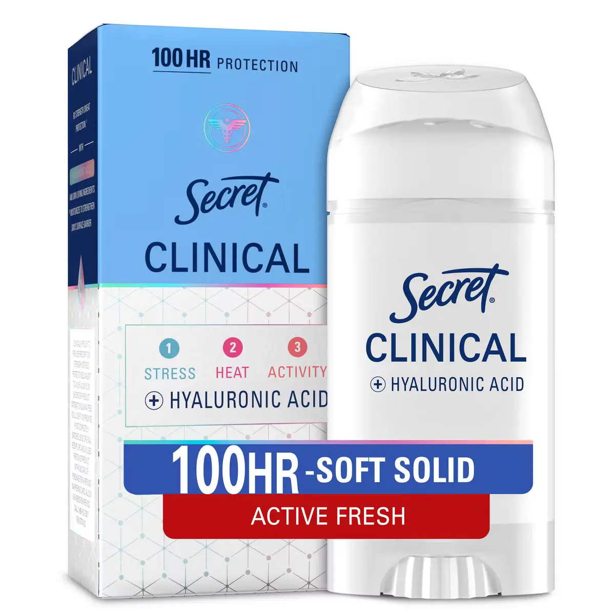 Secret Clinical Strenght 100HR Hyaluronic Acid Antiperspirant Deodorant for Women, Active Fresh, 2.6 oz