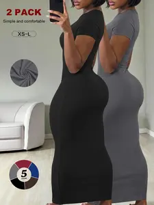 Women's Ribbed Knit Bodycon Maxi Dress Fit, Sexy Chic Short Sleeve Crew Neck, Tummy Control, Leg-Lengthening, Spring & Fall Party