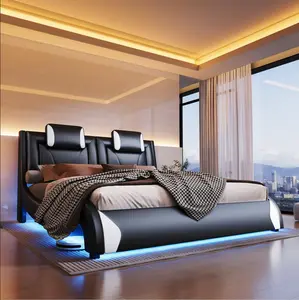 AMERLIFE Bed Frame with LED Lights, Remote&APP Control, Modern Faux Leather Upholstered Platform Bed with Headboard, Wave Like Curve Design, Safety&Comfy, No Box Spring Needed/Luxury Furniture/Full/Queen Size/Best Gift Ideas/Christmas Gifts