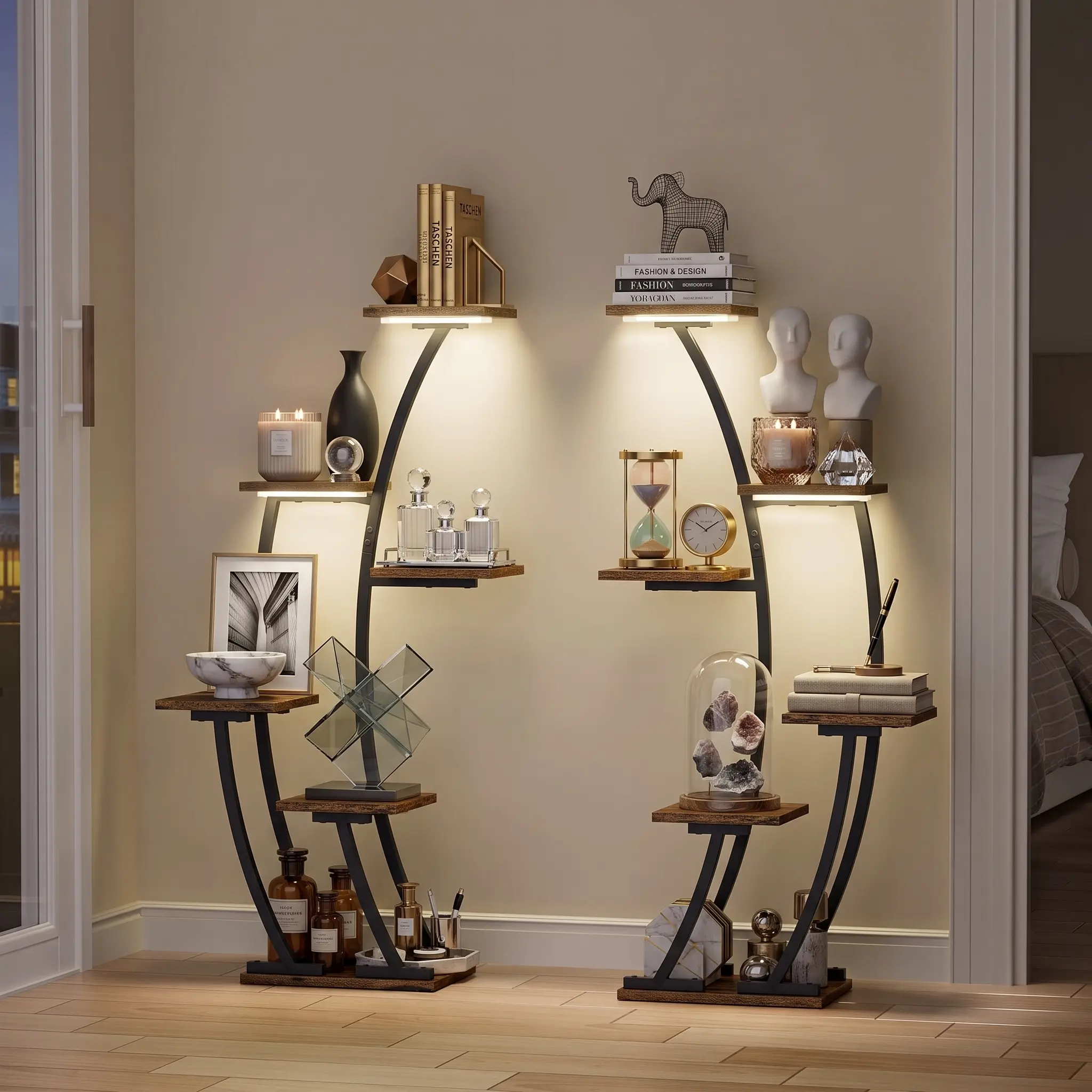 BACEKOLL 2 Pack Display Shelf with LED, Modern Half Moon Storage Rack, 6 Tier Multi Functional Corner Shelf for Books, Decor, Collectibles, Living Room & Bedroom
