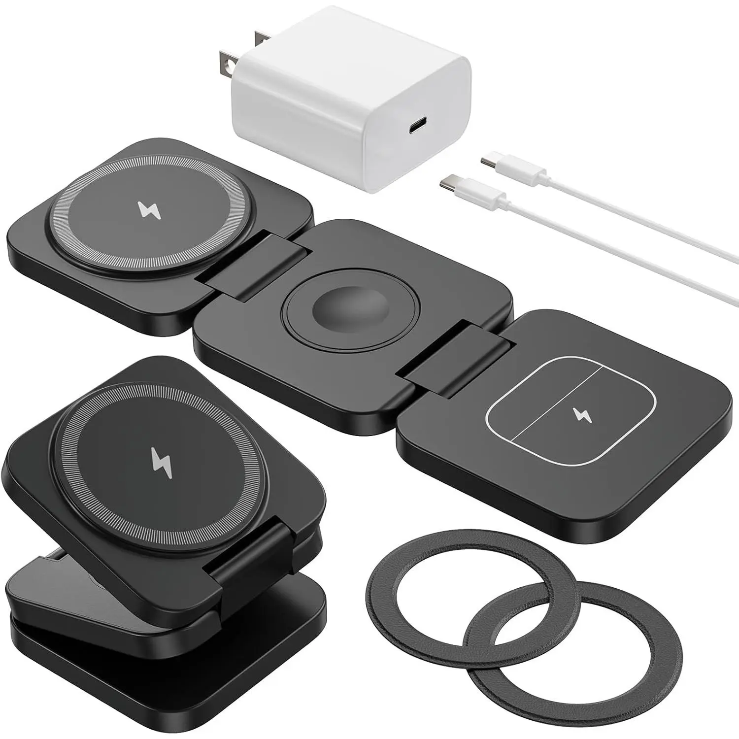Foldable 3 in 1 Wireless Charging Station for Samsung, Magnetic Travel Charger Stand for Galaxy S24 Ultra S23 S22 Note 20 Z Fold Flip 6 5, Galaxy Watch Ultra 7 6 5, Galaxy Buds, Black