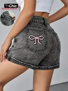 Women's Bow Embroidery Denim Shorts, Casual Vintage Shorts for Daily Wear, Ladies Bottoms for Summer, Womenswear, Fitted Denim Shorts, Chic Casual Shorts, Outdoor, Denim Clothing