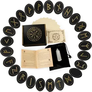 Runes, Wooden Runes Set with Guide Book, Healing Crystals, Ritual Paper, Tarot Bag, Witch Runa for Beginners, Witchcraft/Divination/Meditation/Spiritual
