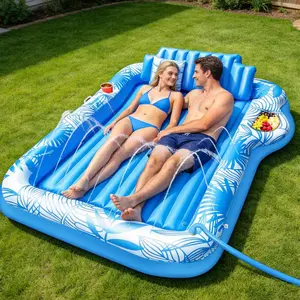 TURNMEON 83" x 60" Extra Large Inflatable Tanning Pool Float Lounger with Sprinkler Pillow Drink Holder Cooler Tray, 4-in-1 Pool Lounge Floats Adults Automatic Spray Cooling Suntan Tub Raft Floatie Sunbathing Bed Kids Ball Pit for Backyard Summer Water