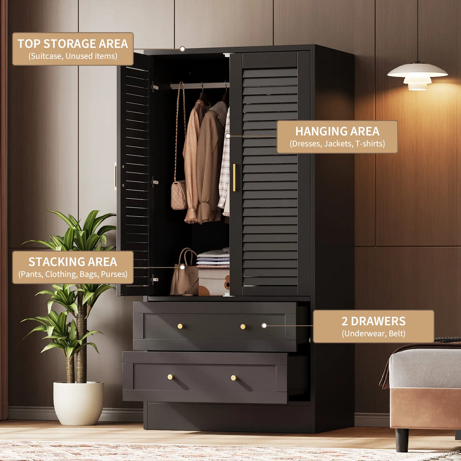 Spacious 65" Composite Wood Wardrobe Closet – Louvered Double Doors, 2 Drawers & Hanging Rod, Large Multi-Functional Storage Cabinet, Durable & Modern Design, Suitable for Bedroom, Entryway, Laundry Room & Cloakroom