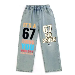 Kid's Jeans for Boys and Girls 6 7 SIX SEVEN Football Print Fashion Casual Comfy Denim Jeans for children between 7 and 13 years old. AB-54
